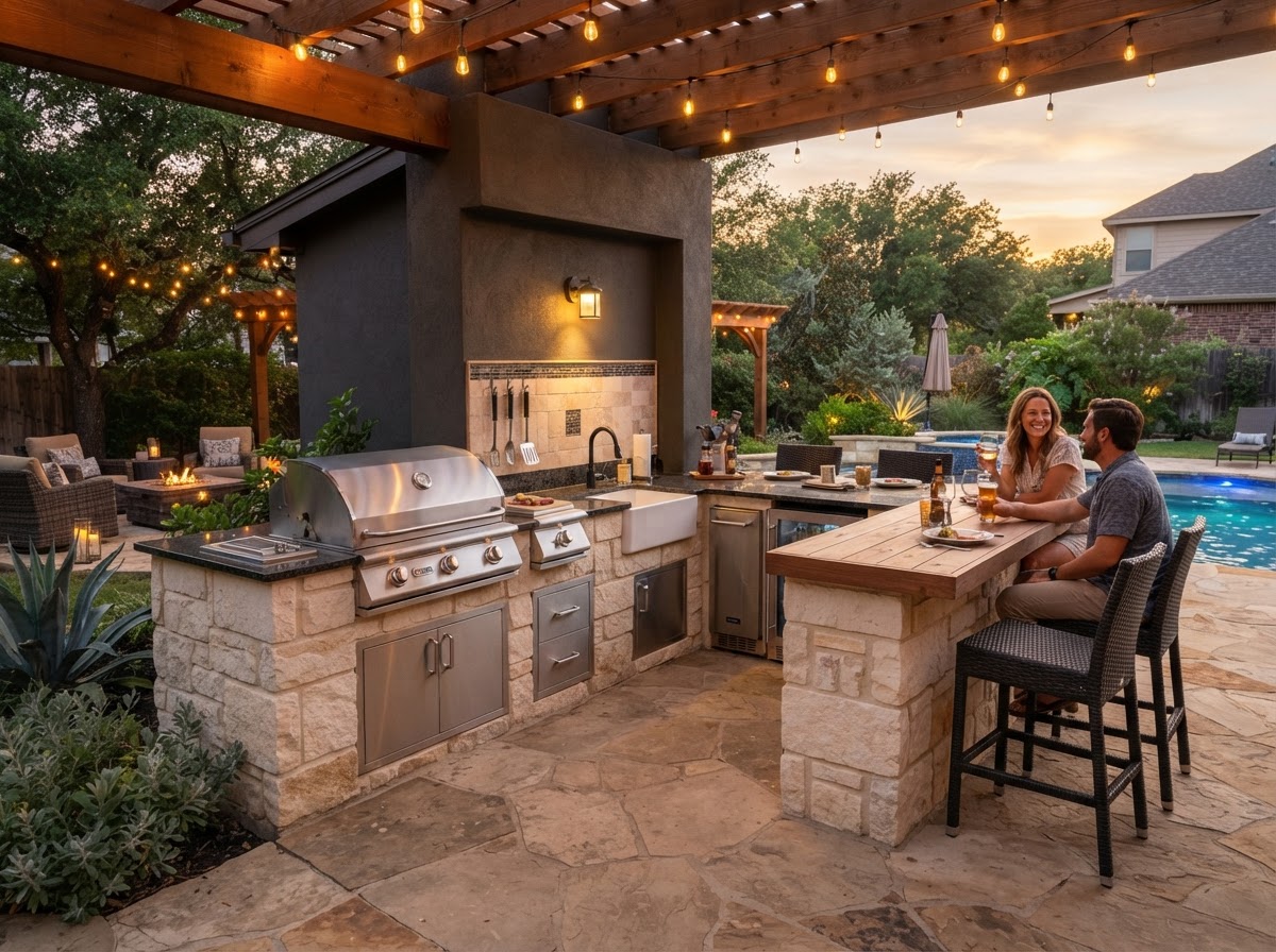 Tasteful residential outdoor kitchen with built-in grill, stone countertop, and seating integrated with a patio