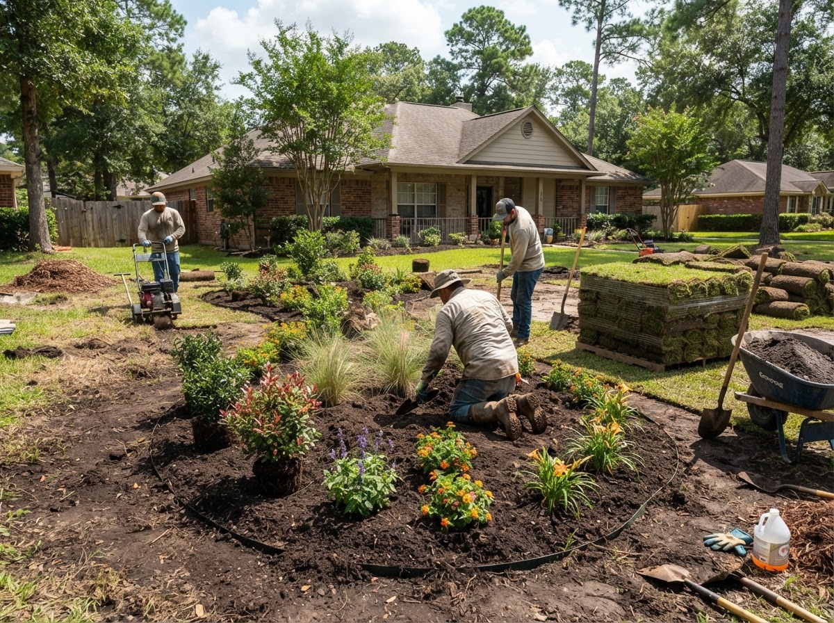 Residential landscape installation with prepared planting beds, set shrubs, and sod staged on site