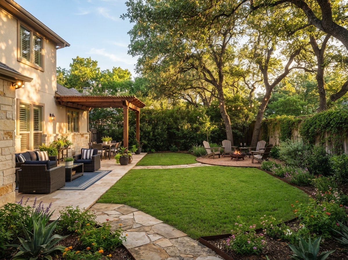 Refined backyard landscape with a patio, privacy planting, and a practical gathering space