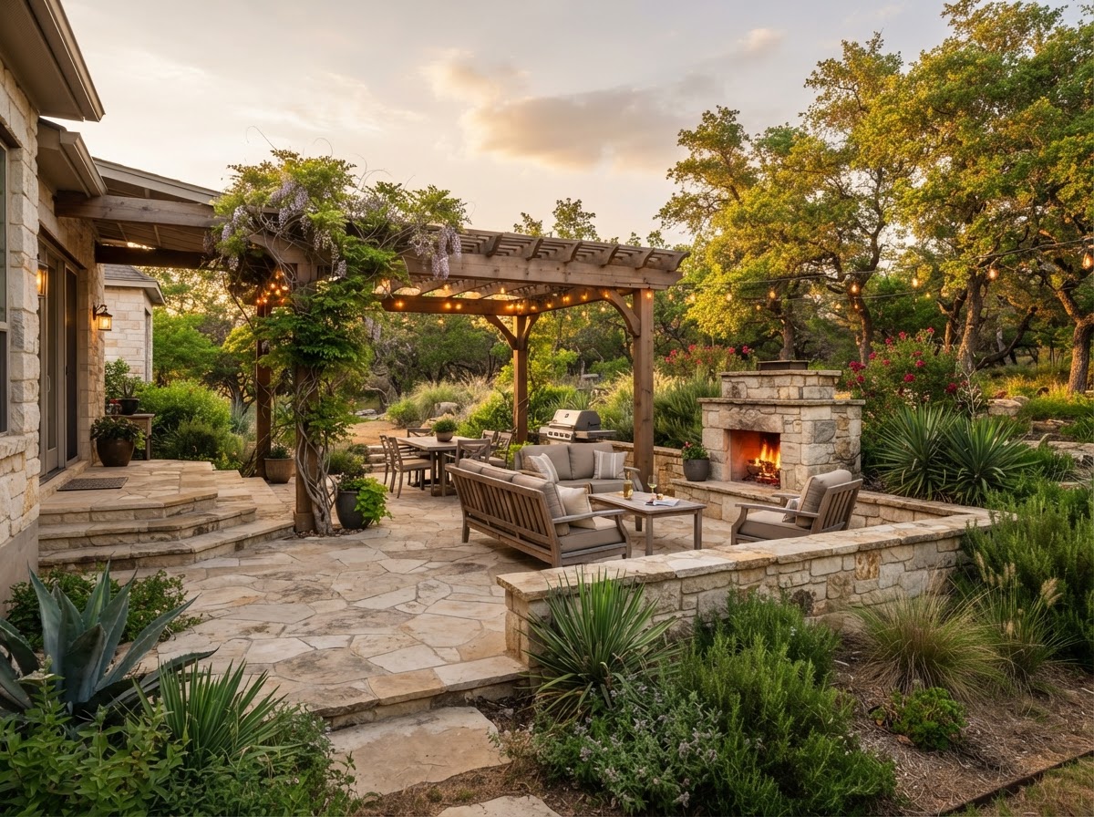 Paver patio with pergola and retaining wall in a Texas backyard