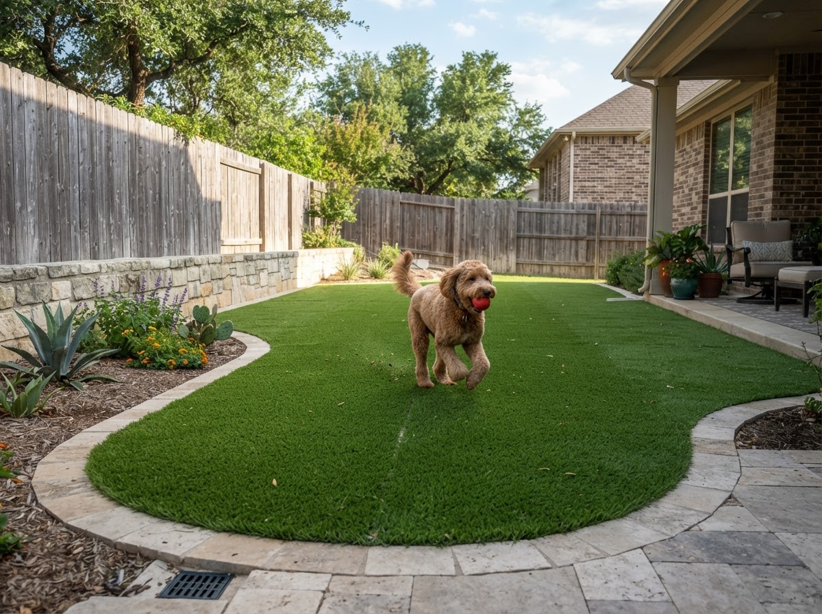 Realistic residential artificial turf installation in a backyard pet area with clean edges