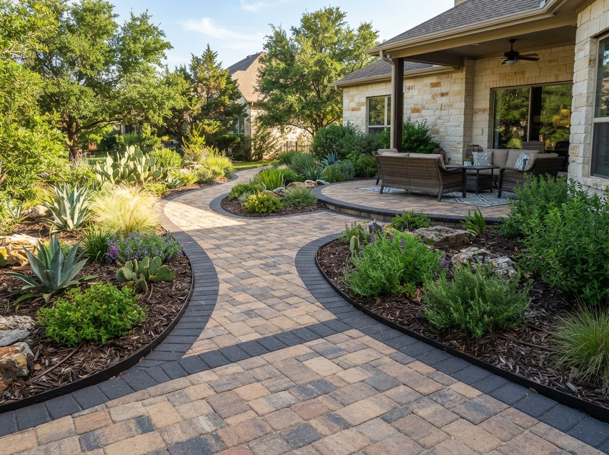 High-quality interlocking paver patio and walkway with visible paver patterns and clean edge restraint