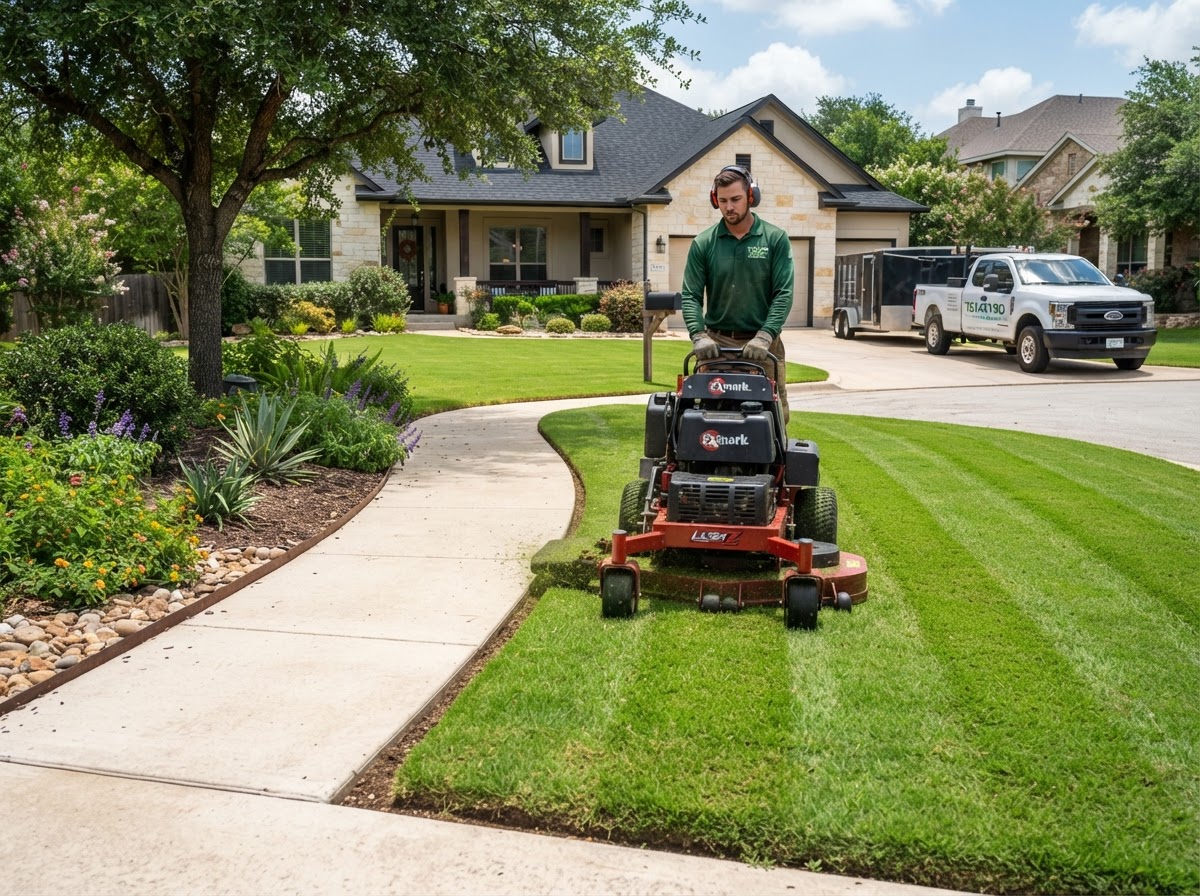 Residential lawn being professionally mowed and edged with clean cut lines along a sidewalk