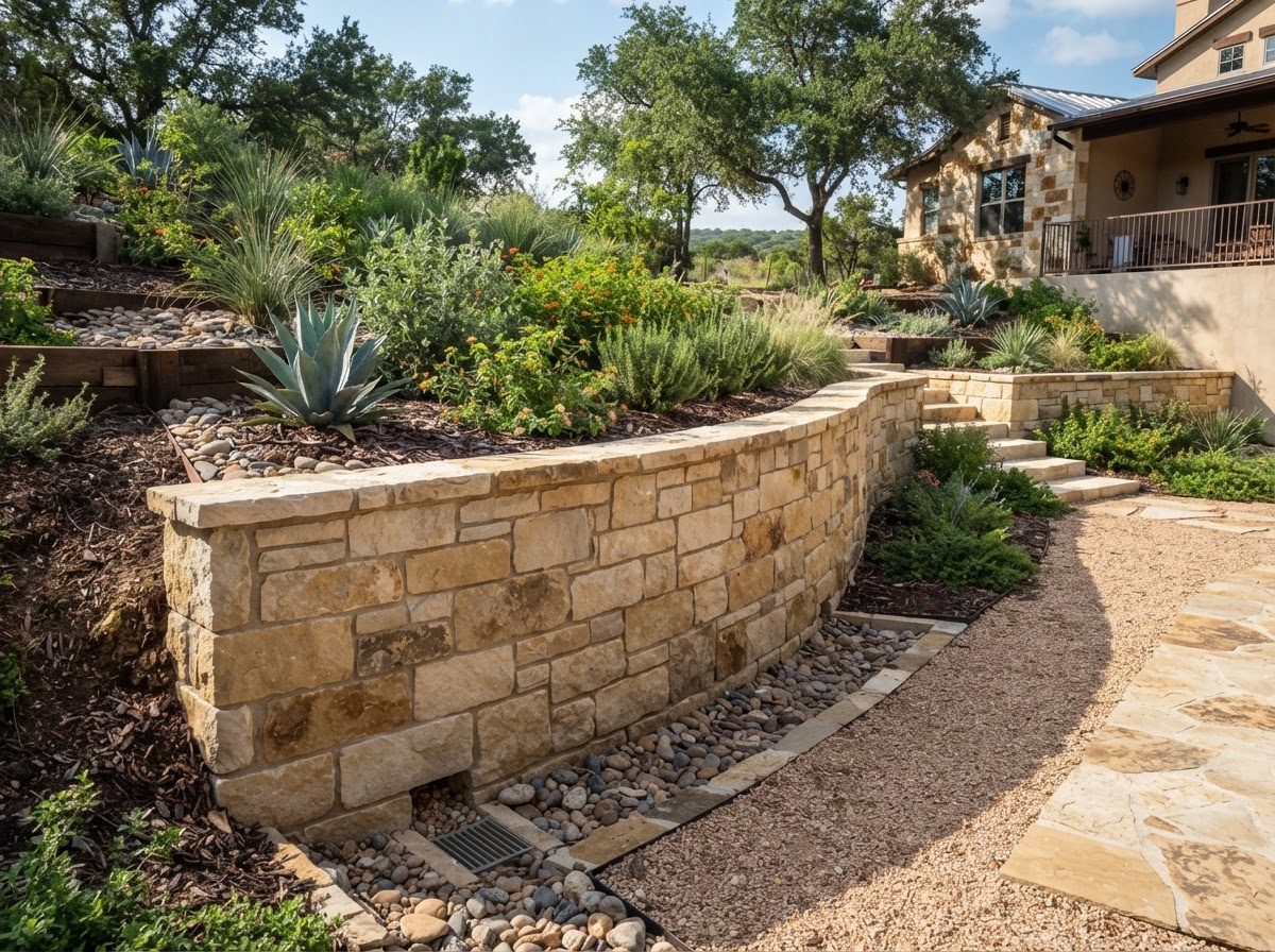 Attractive, structurally plausible landscape retaining wall handling a grade change with drainage context