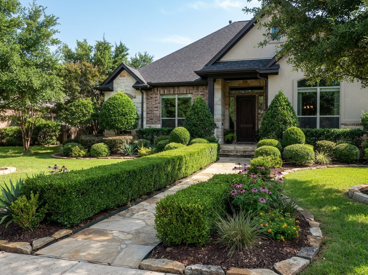 Neatly shaped shrubs and hedge trimming in a realistic residential landscape with clean lines
