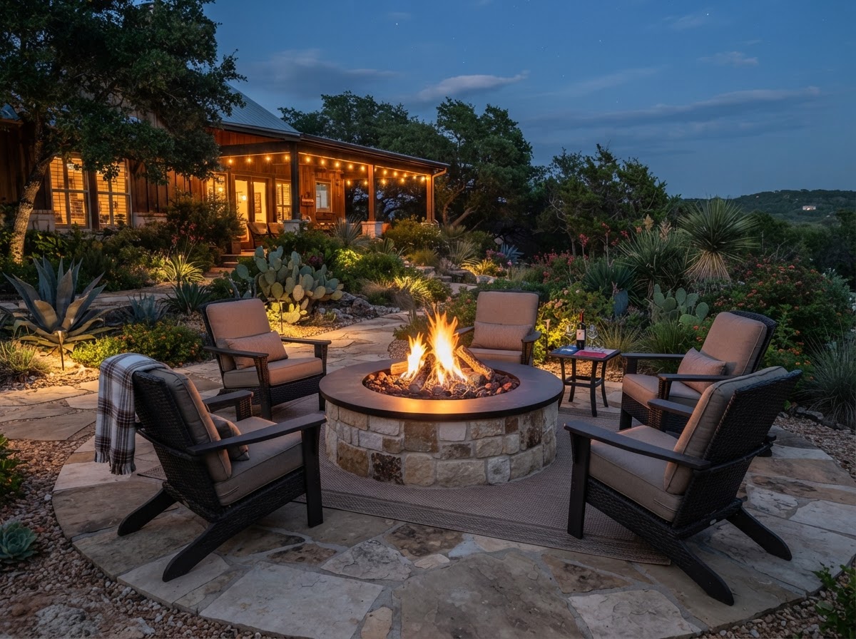 Attractive residential fire pit with safe clearances, a paved surround, and surrounding landscaping