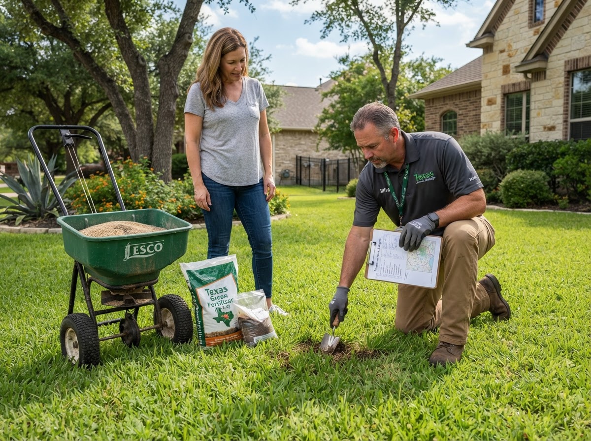 Realistic turf assessment scene with a lawn care professional inspecting grass condition