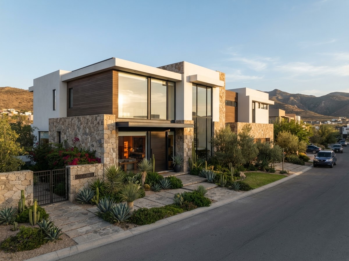 Fachada típica de una casa residencial premium en Chihuahua