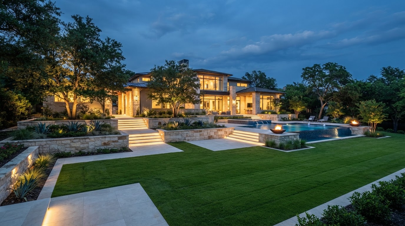 High-end Dallas estate landscaping project hardscaping
