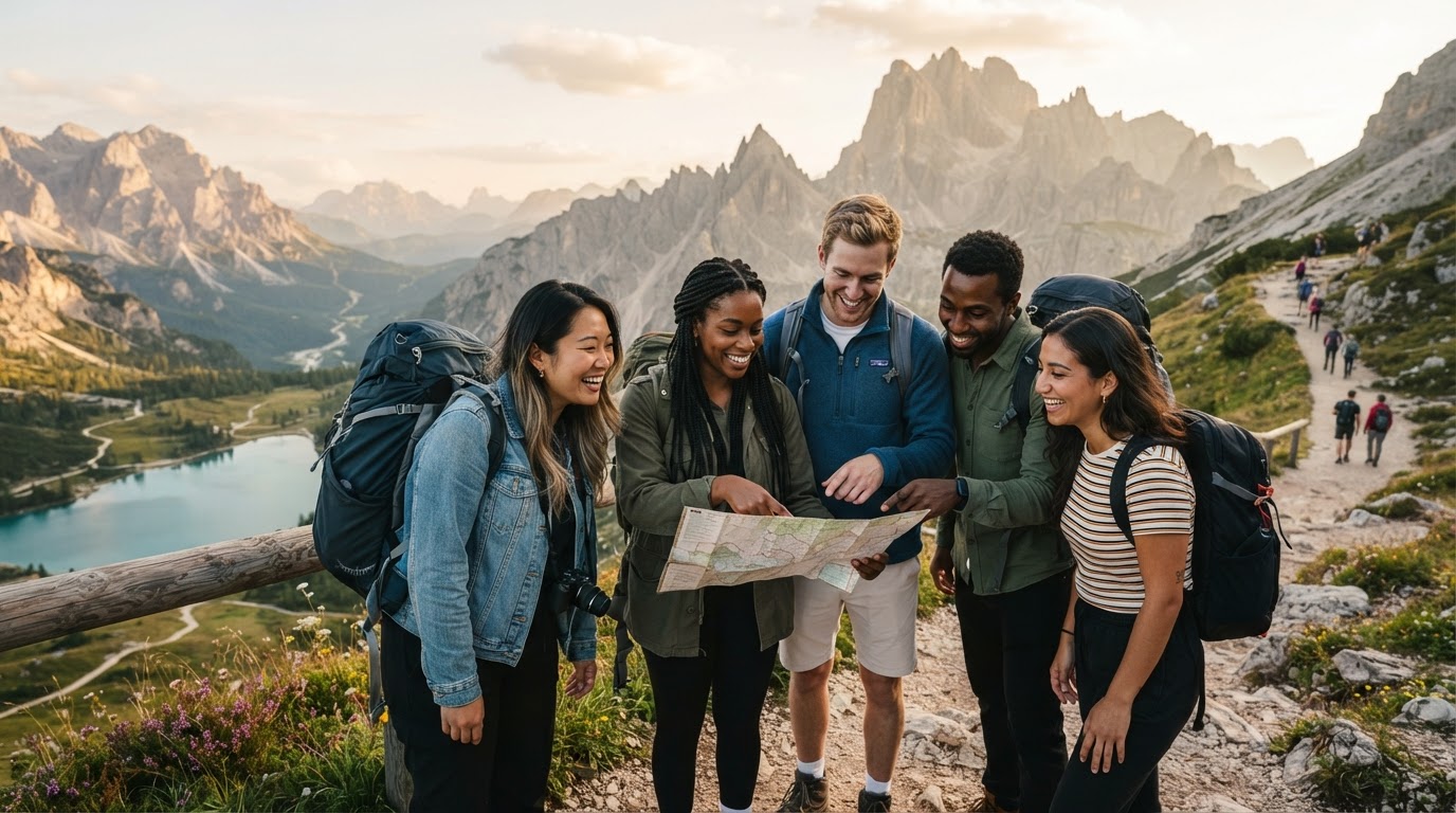 Grupo de amigos organizando y disfrutando de un viaje juntos