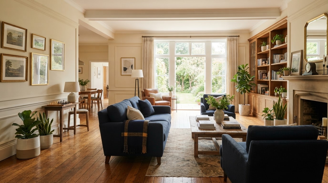 Sunlit common room of an independent shared-living home