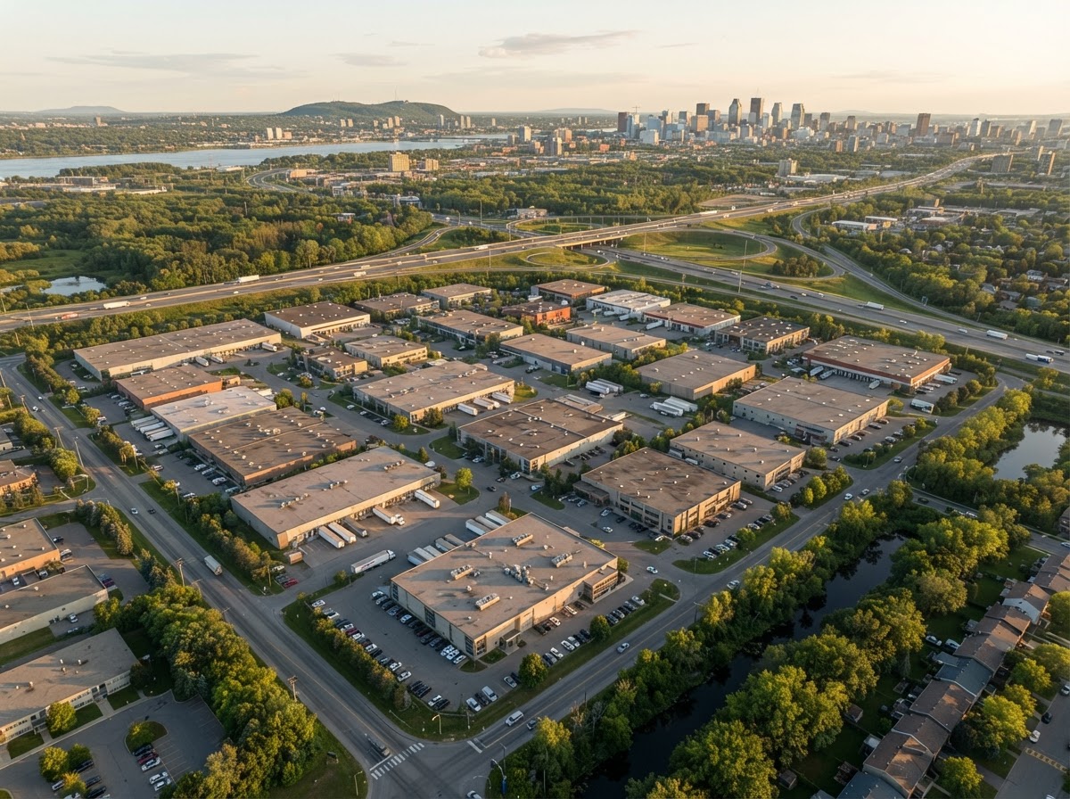 Vue aérienne de l'immeuble dans le Parc industriel de Longueuil