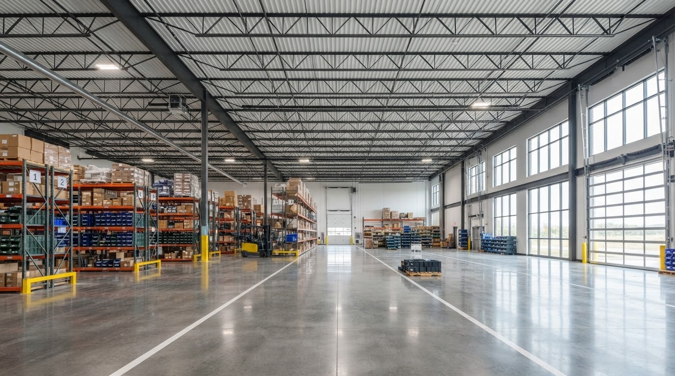 Intérieur d'entrepôt industriel avec hauteur libre de 18 pieds