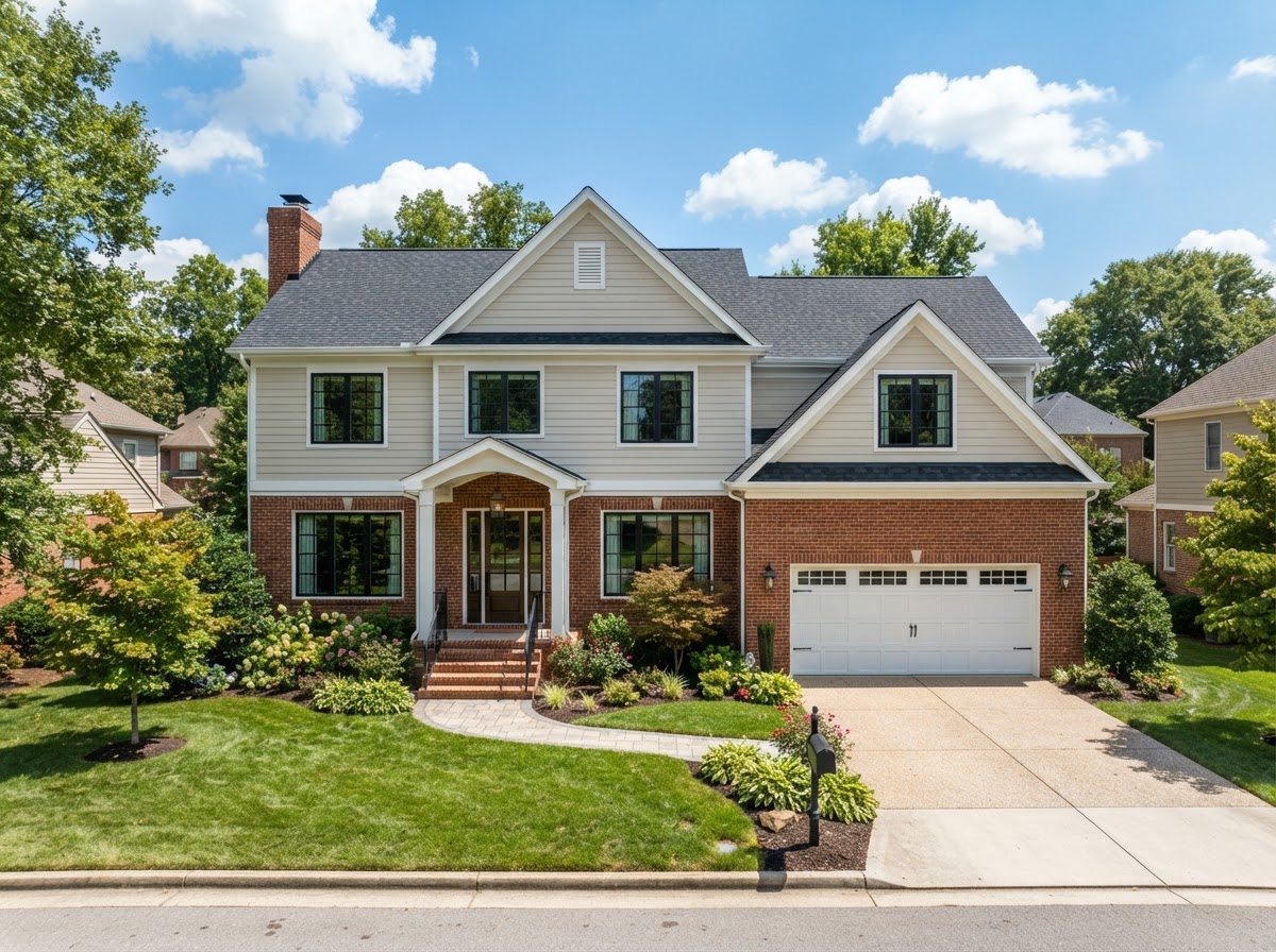 Beautifully renovated suburban home exterior with new roof and gutters