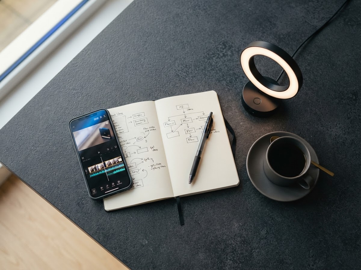 A content planning desk with a phone showing a short-form video editing timeline, a notebook of ideas, and a small ring light