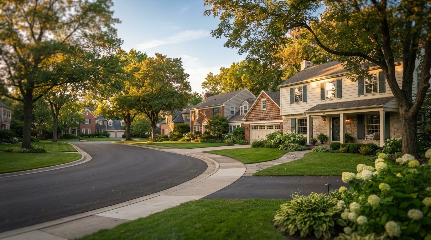 A quiet Michigan residential neighborhood with mature trees and well-kept homes
