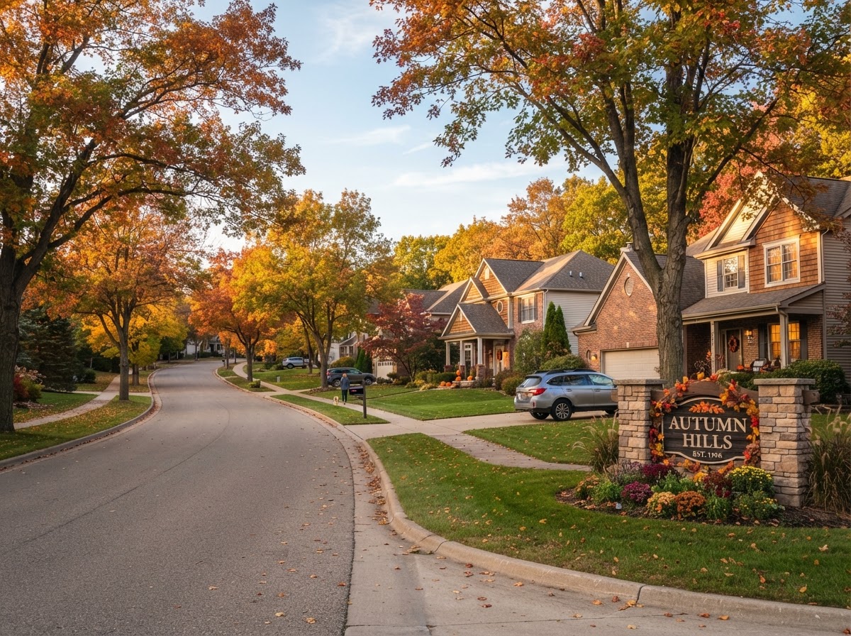 A welcoming Michigan residential subdivision with well-maintained single-family homes and a quiet neighborhood entrance