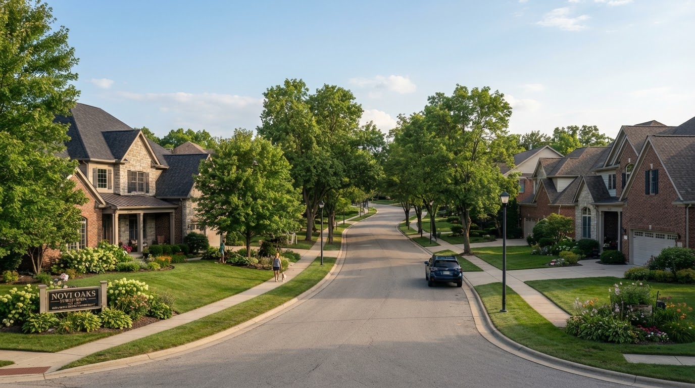 A peaceful Michigan residential community with mature trees and homes