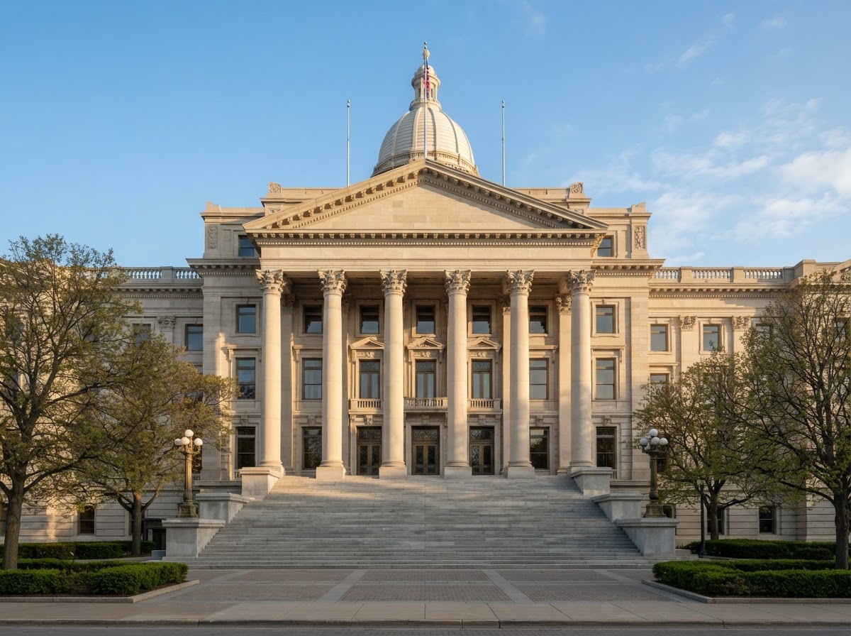 Limestone columns and stone steps of a Michigan civic building exterior