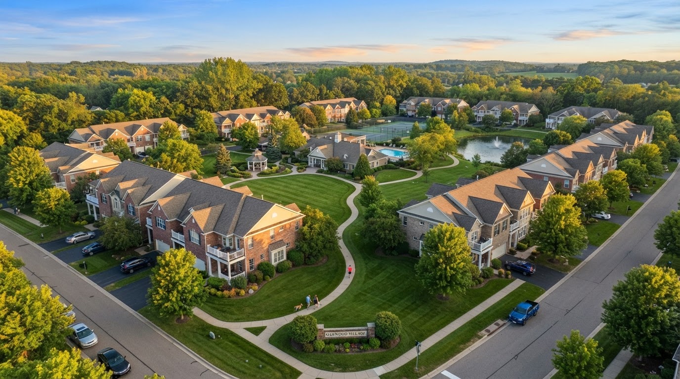 A well-maintained Michigan condominium community with townhomes, shared green spaces, and mature trees