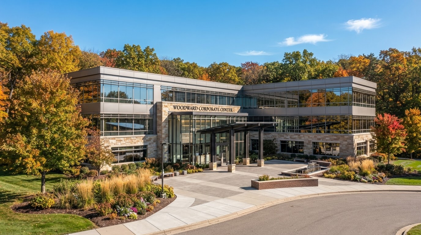 Modern professional office building exterior in a suburban Michigan business park