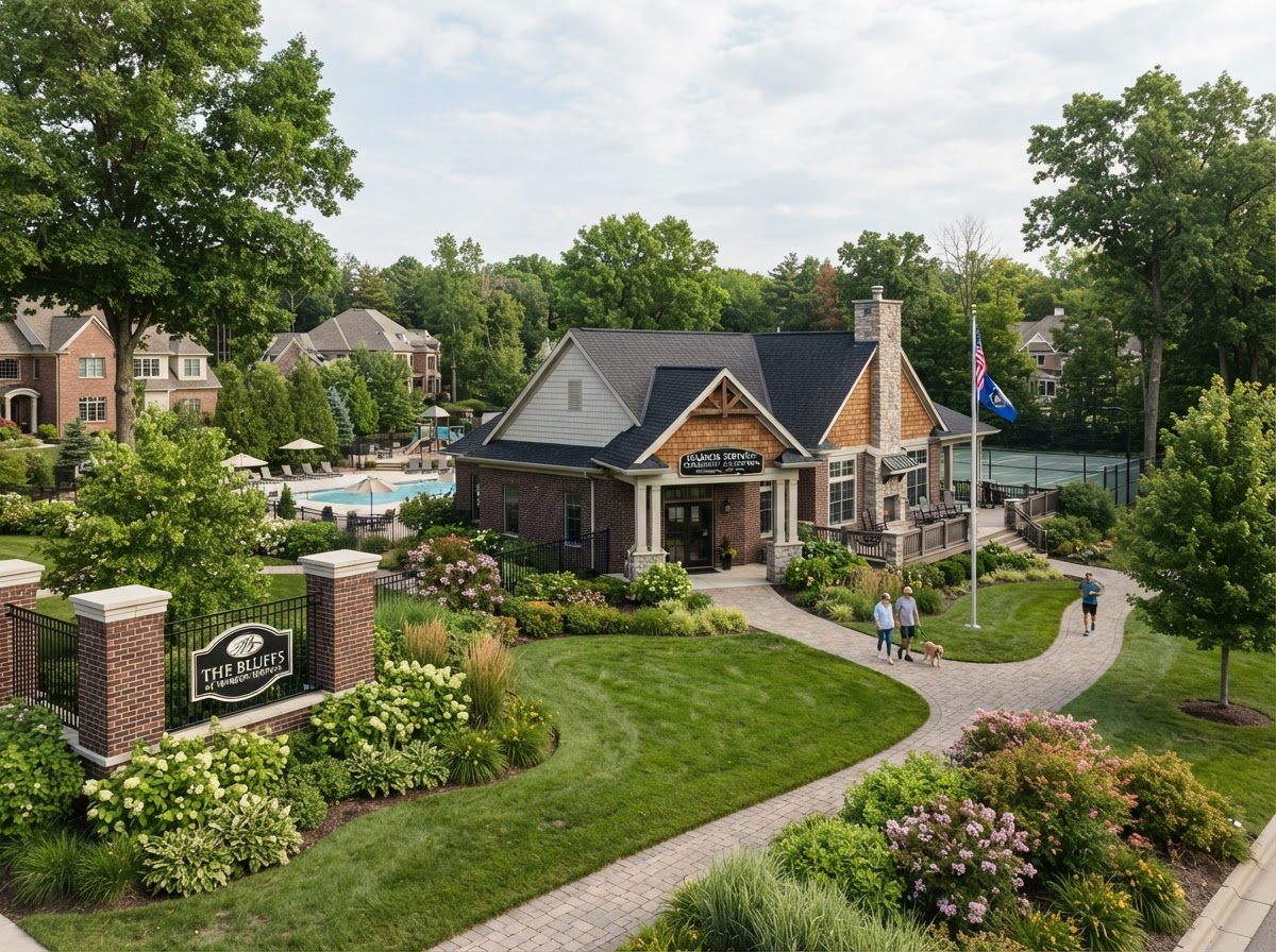 A community association clubhouse with tidy landscaped grounds and shared walking paths in a Michigan residential development