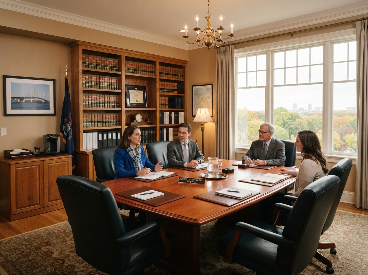 A bright, professional law office conference room with a polished wood table and bookshelves