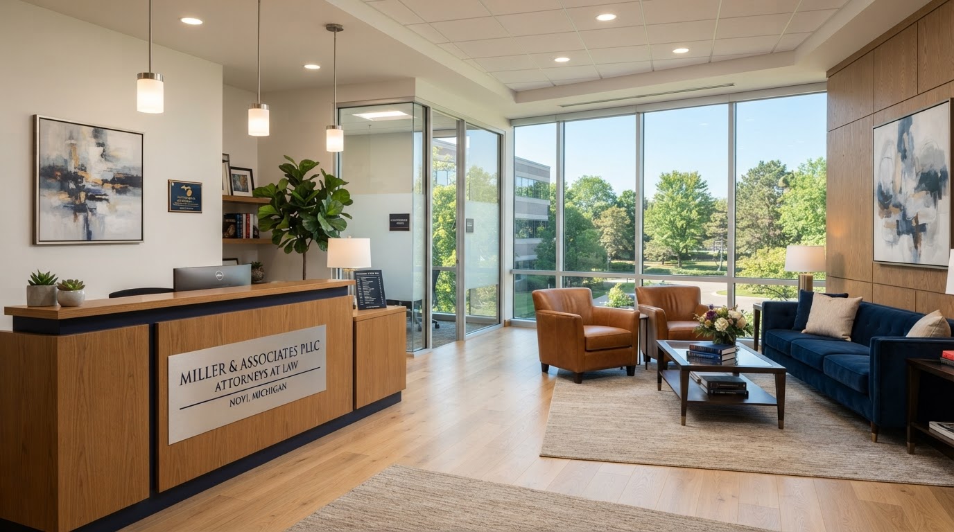 Welcoming law firm reception area with natural light and navy accents