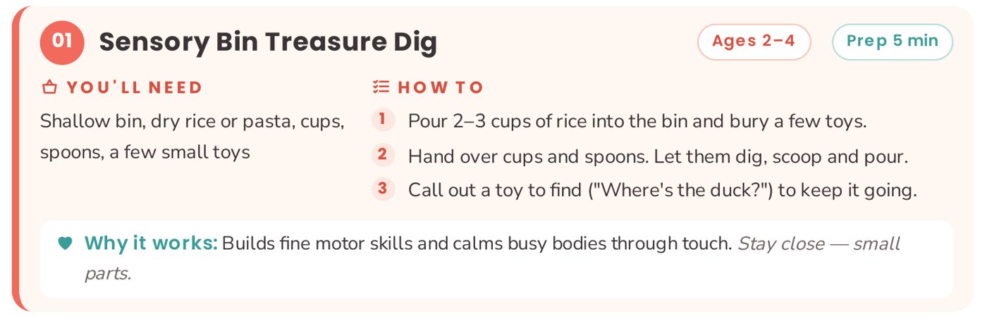Activity card: Sensory Bin Treasure Dig, ages 2-4, 5 minutes prep