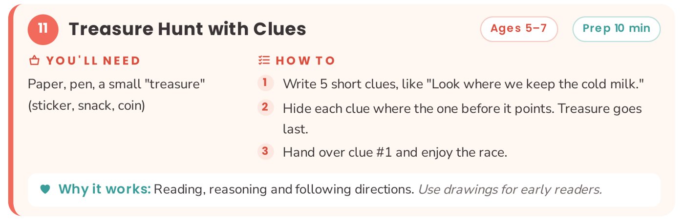 Activity card: Treasure Hunt with Clues, ages 5-7, 10 minutes prep