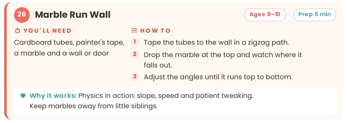 Activity card: Marble Run Wall, ages 8-10, 5 minutes prep