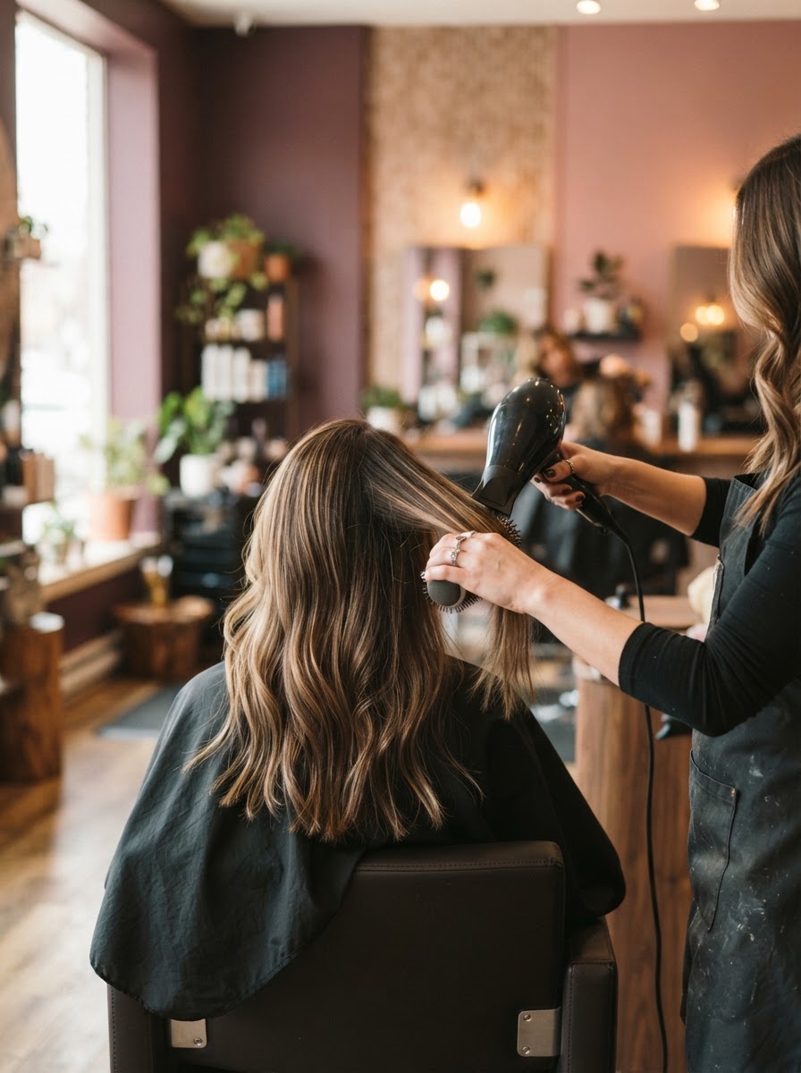 Kimberly styling hair in the Kim Style salon