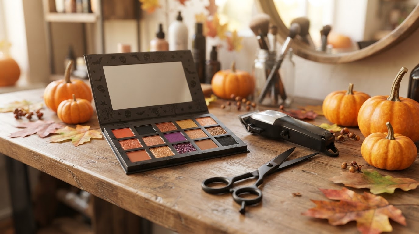 Halloween-themed makeup palette, hair clippers and scissors with small pumpkins on a styling counter