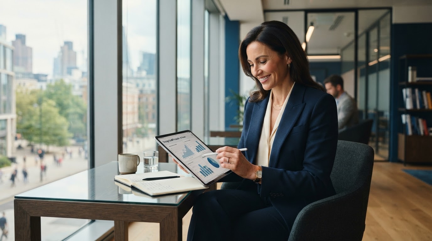 An AE Results advisor reviewing a client growth strategy in a modern office