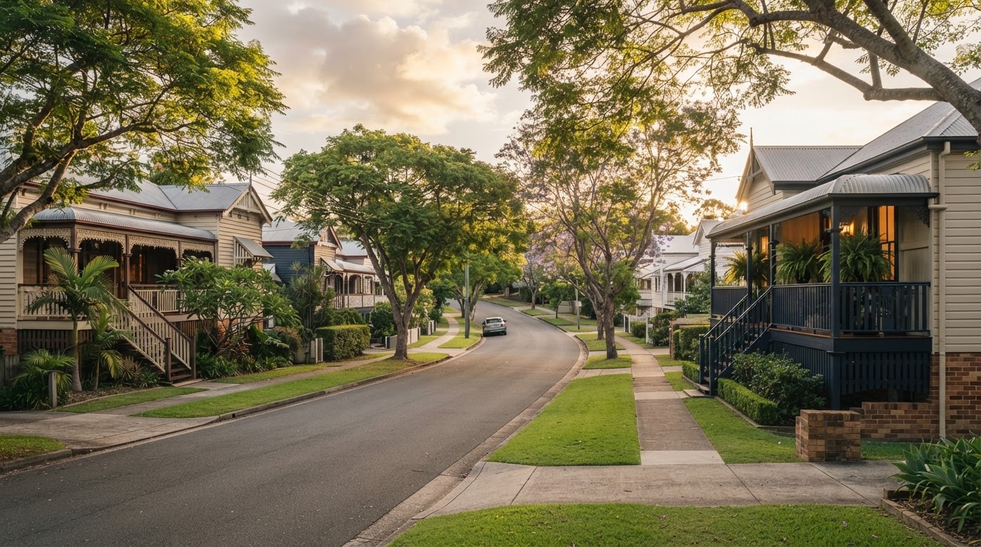 Quiet residential streetscape at golden hour
