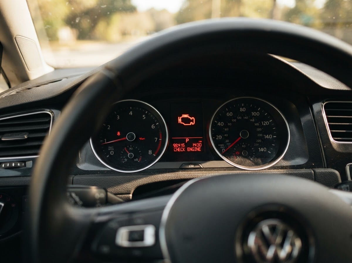 A car dashboard with a red warning light illuminated