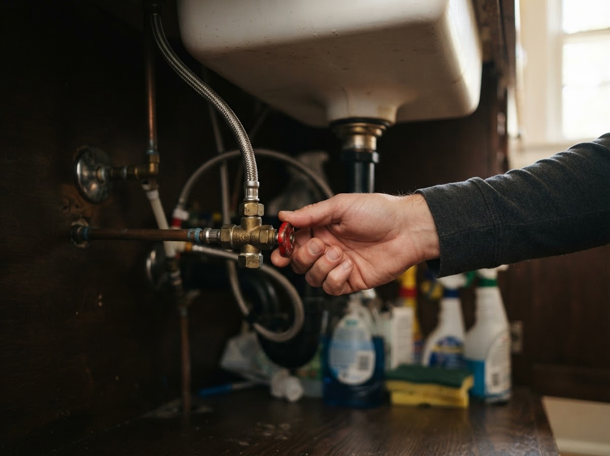 A hand reaching to turn a water shutoff valve under a sink