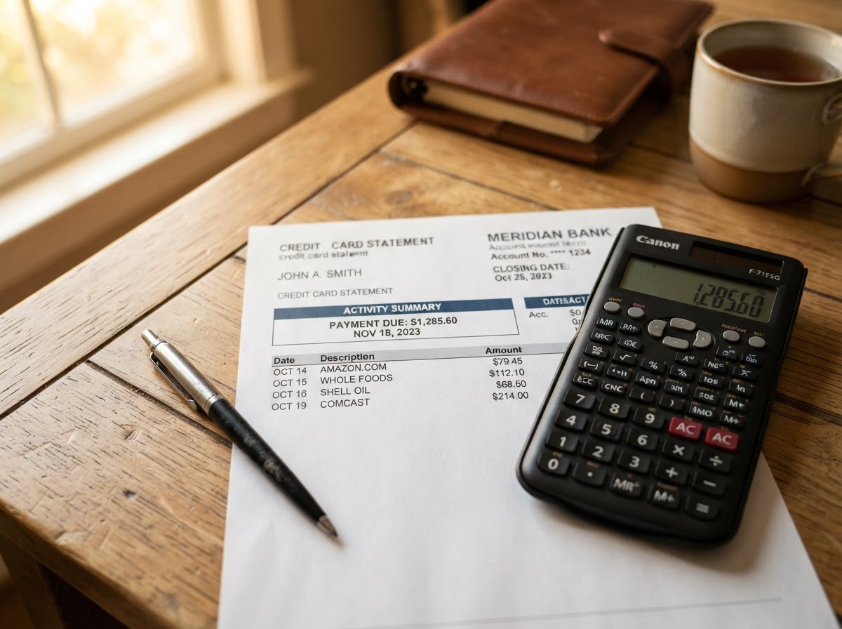A credit card statement and calculator on a desk