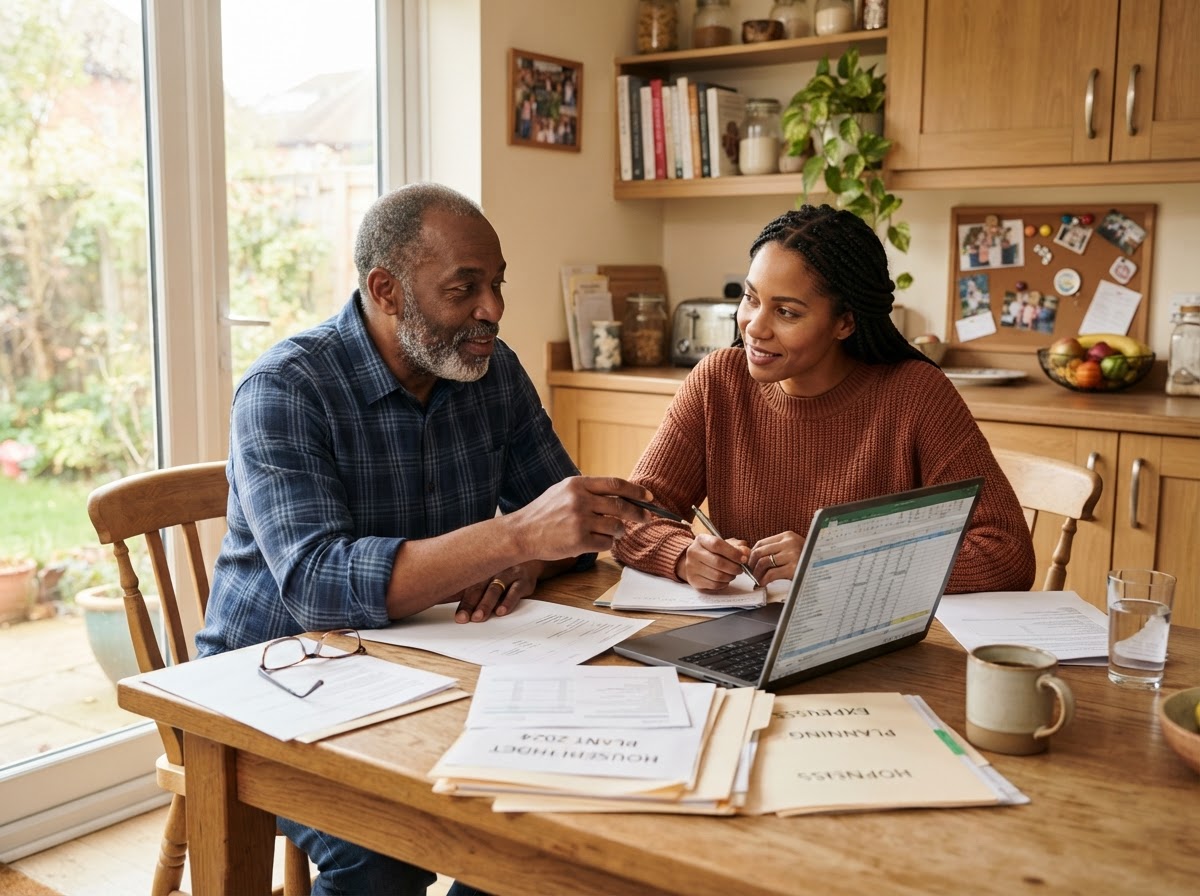 An older Black man and his adult daughter reviewing household planning documents together