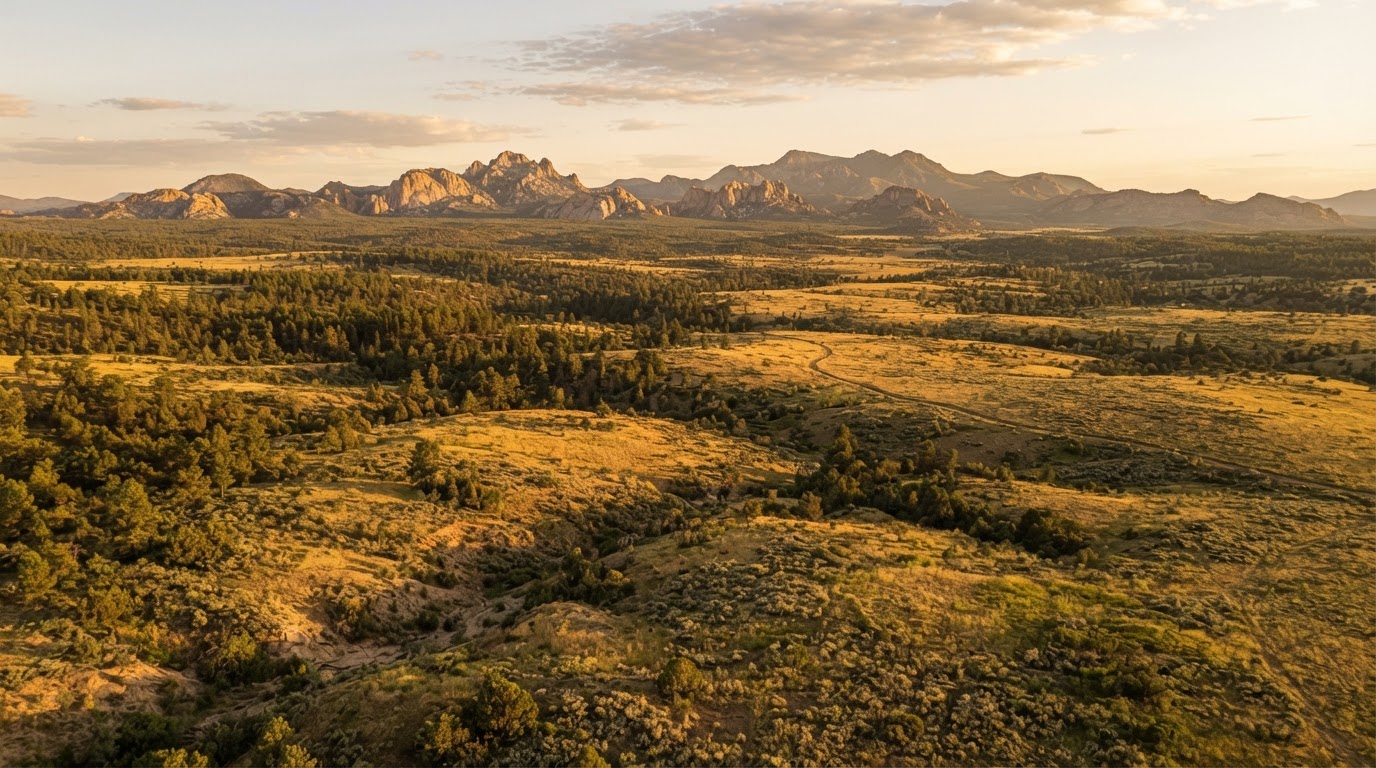 Cinematic landscape of Prescott Arizona high-desert acreage at golden hour