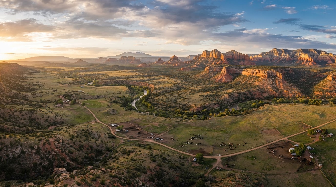 Aerial panorama of Northern Arizona high-desert land and mountains near Prescott