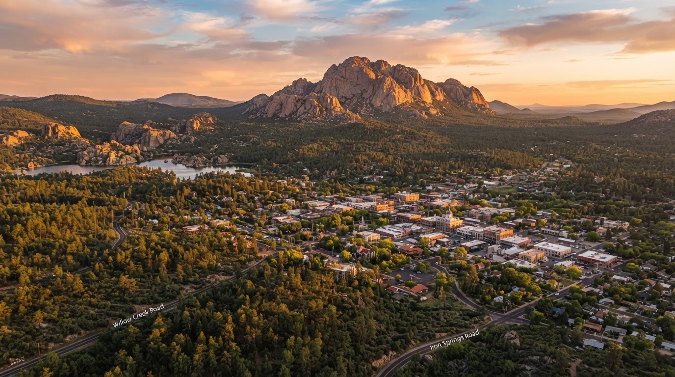 Aerial view of Prescott Arizona with Granite Mountain and ponderosa pine at golden hour