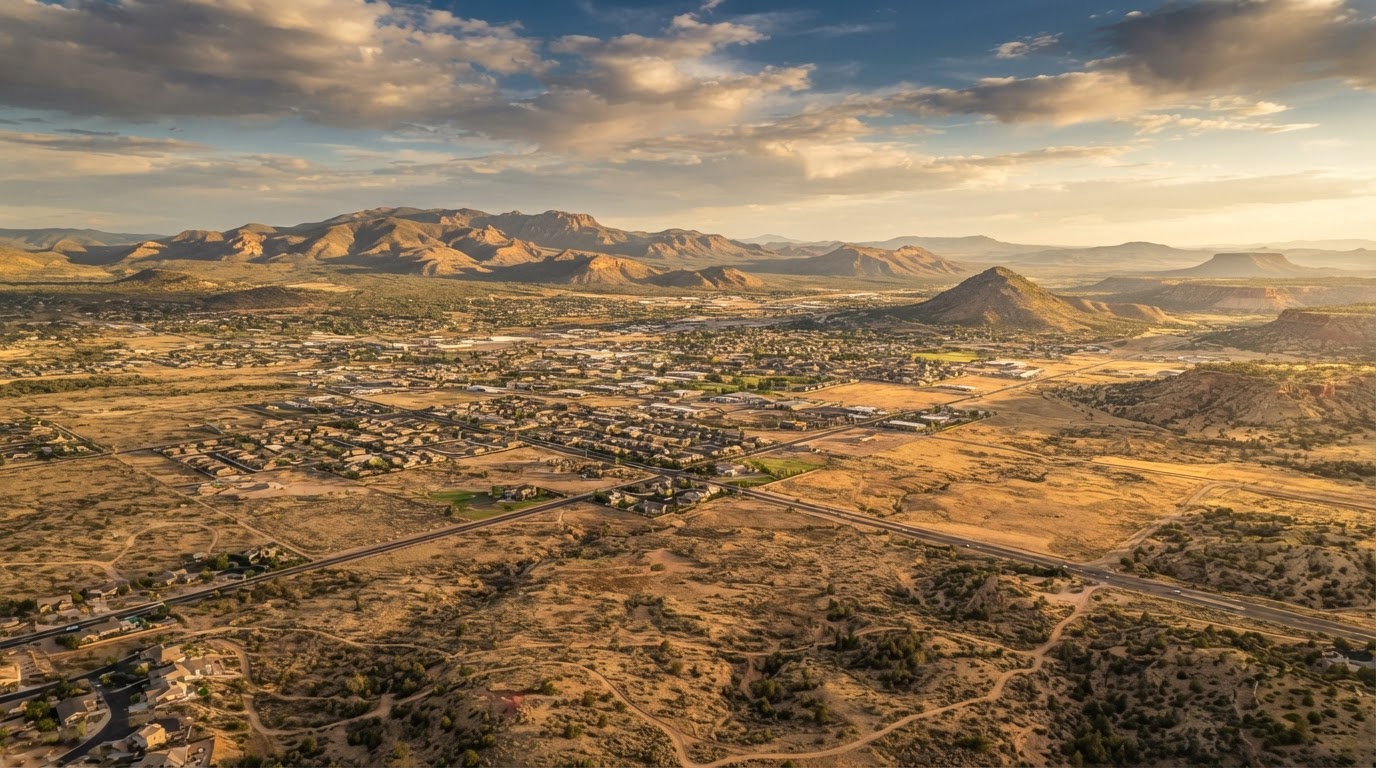 Aerial view of Prescott Valley Arizona level high-desert land and rolling hills