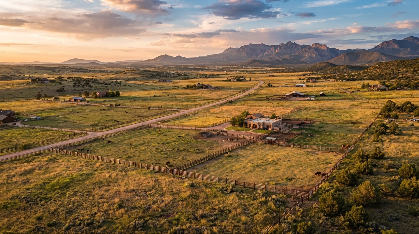 Aerial view of Williamson Valley Arizona rolling ranch grassland and mountain views