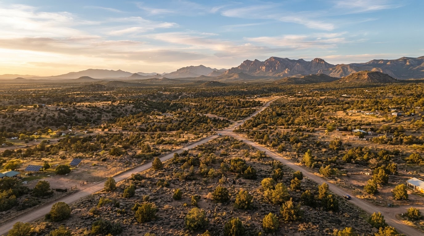 Aerial view of Paulden Arizona high-desert juniper land with mountain views