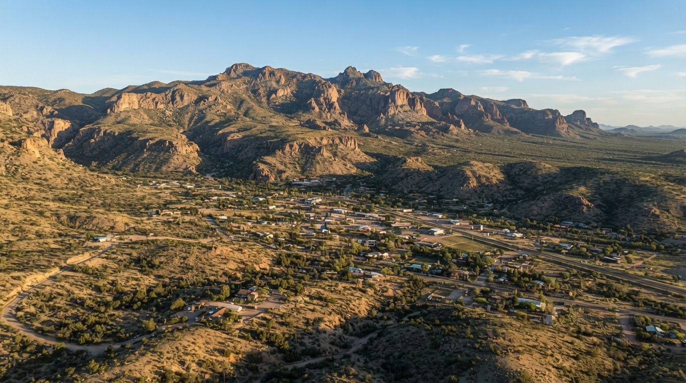 Aerial view of Mayer Arizona and the Bradshaw Mountains foothills