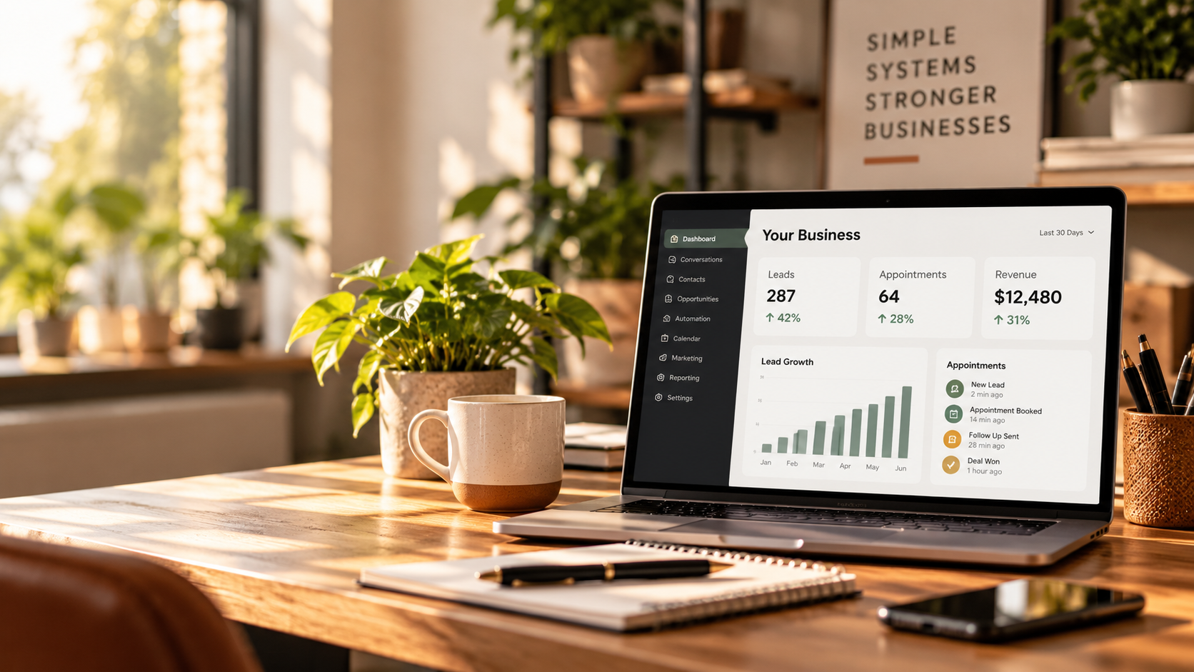 Business dashboard on laptop on a wooden desk showing leads, appointments, revenue, and growth under the banner Simple Systems Stronger Businesses