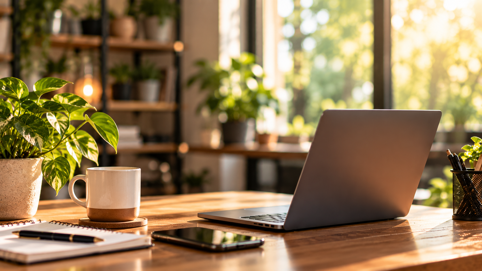 Modern business workspace with laptop, coffee, and sunlight representing clarity and organized operations