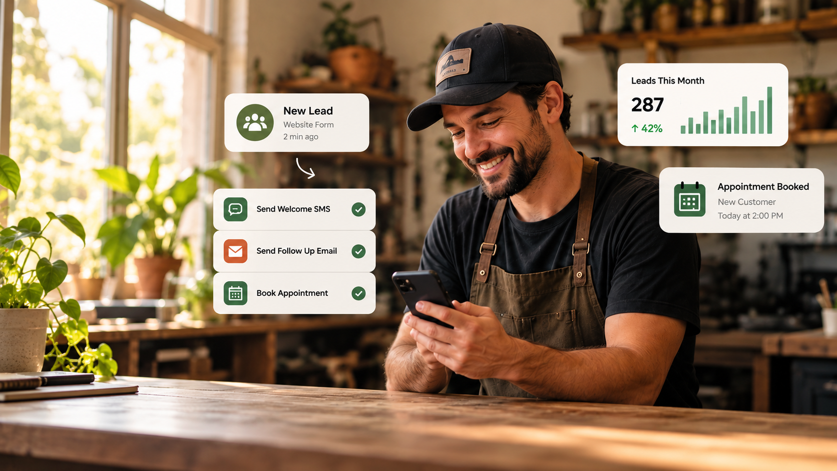 Business owner receiving instant automated notifications for new website leads, welcome SMS, and appointment confirmations on mobile