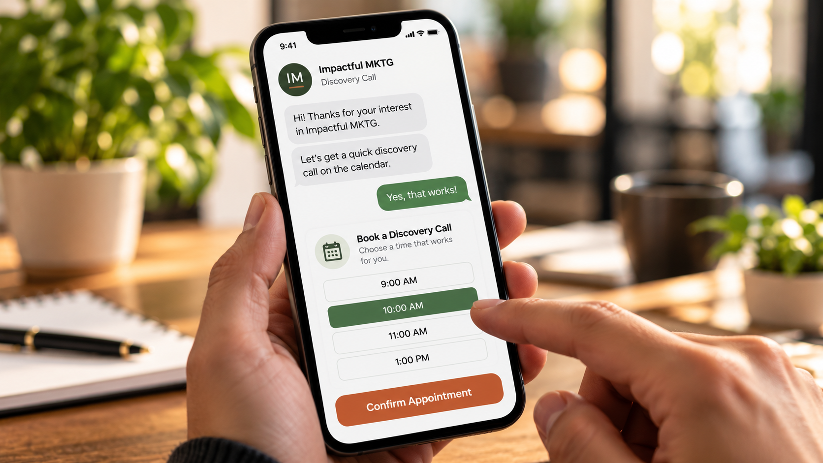 Mobile automated SMS conversation scheduling a discovery call directly onto the business calendar